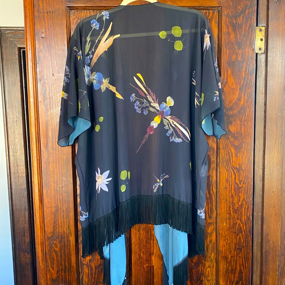 Black dragonfly kimono with fringe detail
